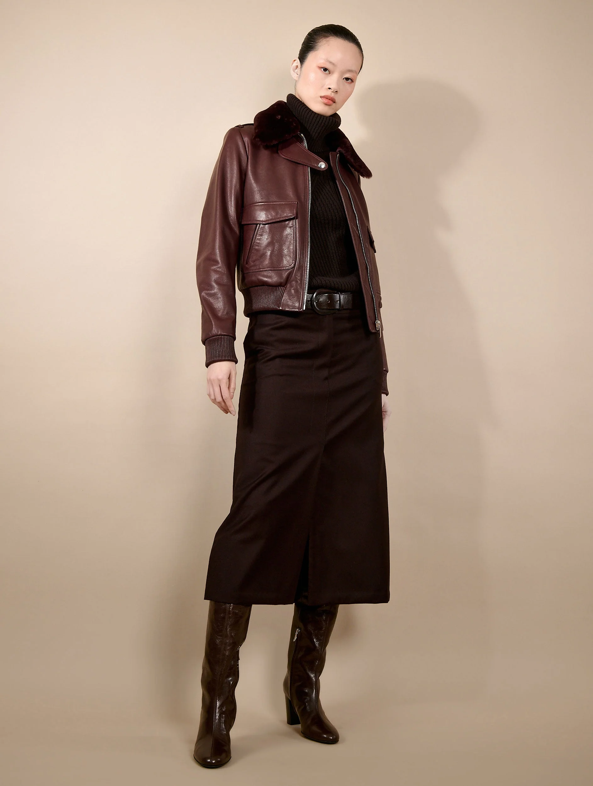 Blouson pilote en cuir bordeaux BARBARA BUI – Image 3